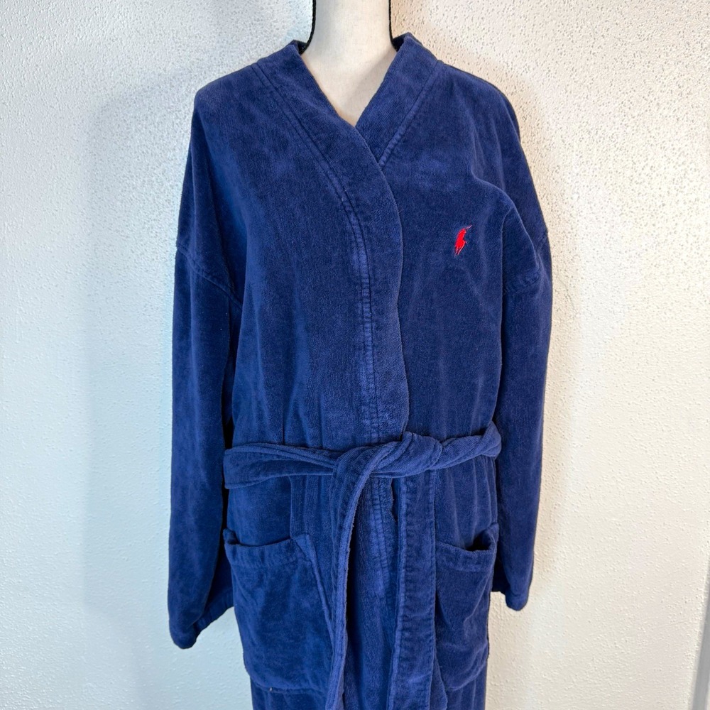 Polo Ralph Lauren Men's S/M Blue Cotton Terry Belted Logo Shawl Collar Robe